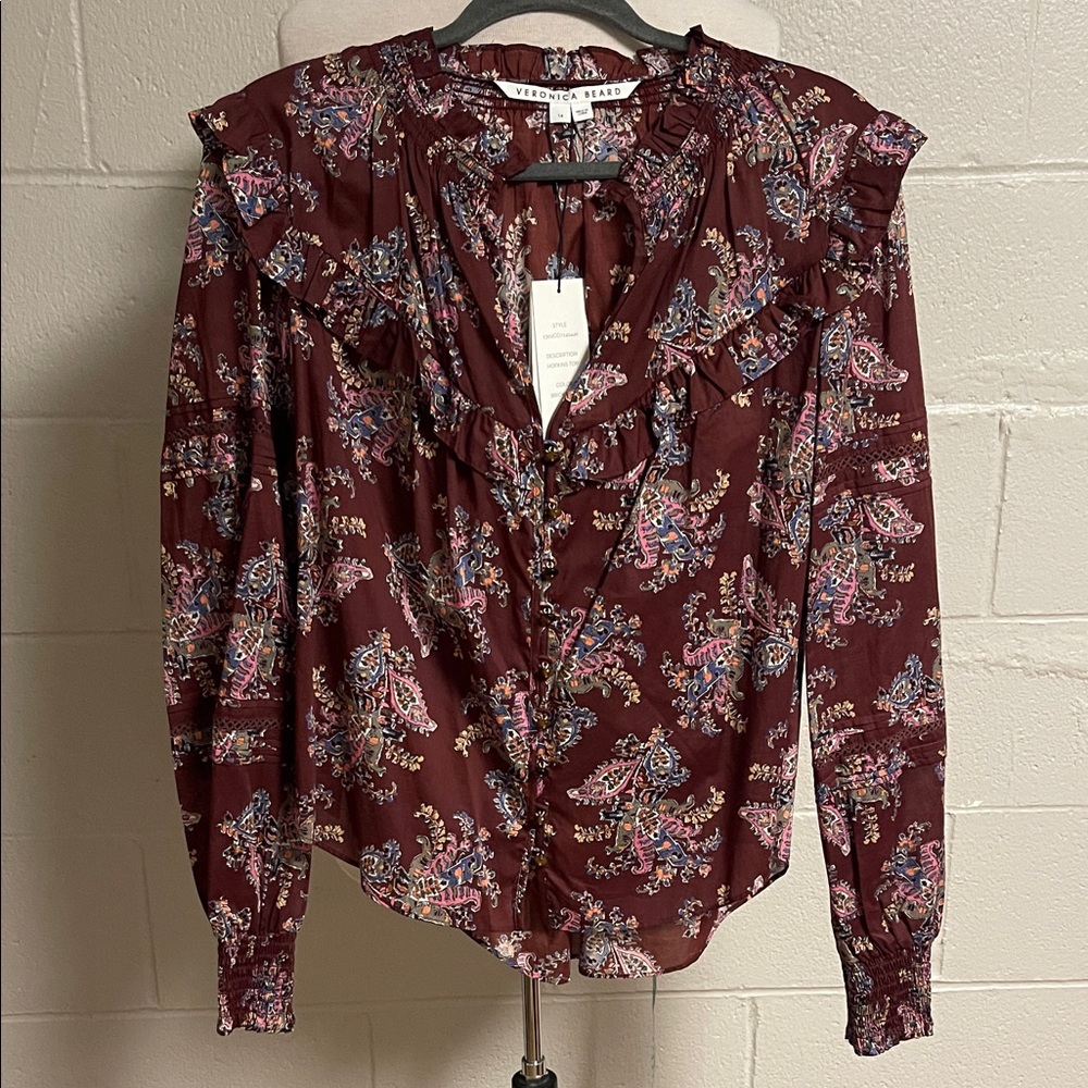 Veronica Beard Maroon Floral Blouse